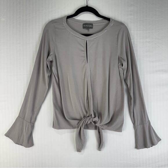 Michael Stars Keyhole Knot-Tie Hem Blouse Bell Sleeves Women’s Size X-Small Gray - Picture 1 of 5